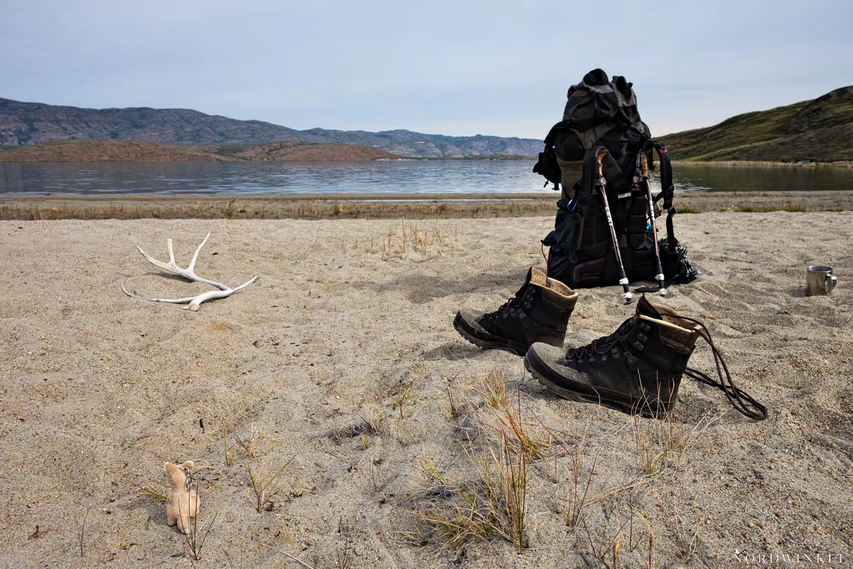 stiefel, rucksack, tasse, rentiergeweih und plüschkänguru an seeufer in grönland