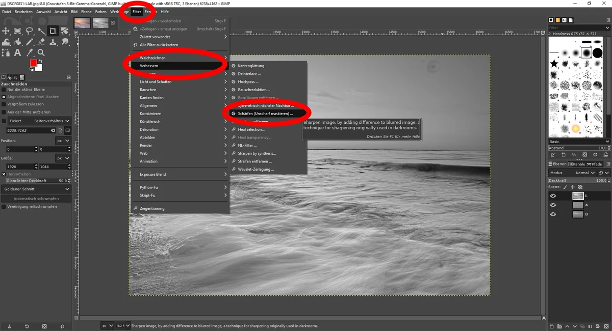 bildbearbeitung gimp filter unscharf maskieren anwählen