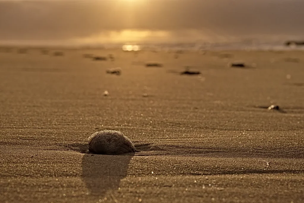 muschel am strand in nahaufnahme mit sand bedeckt warmer weißabgleich