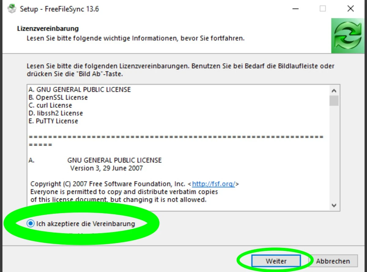 lizenzbestimmungen der software annehmen und zustimmen