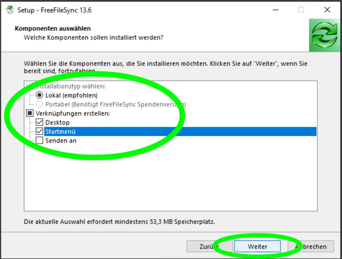 auswahl wo freefilesync verknüpfungen erstellen soll
