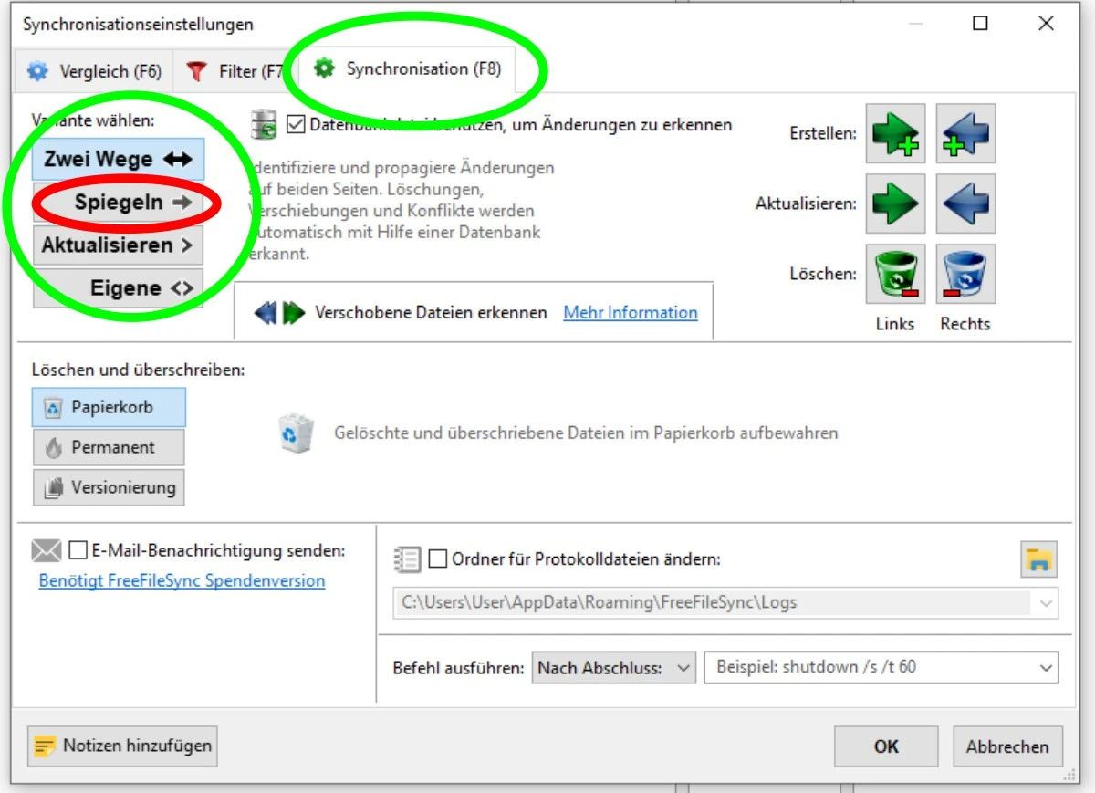 Einstellungsdialog für die Art der Synchronisation
