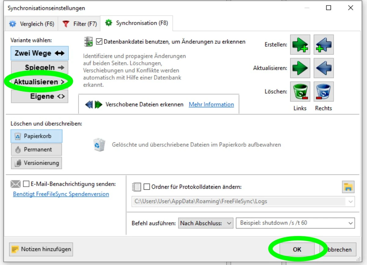 synchronisierungsoption aktualisieren auswählen